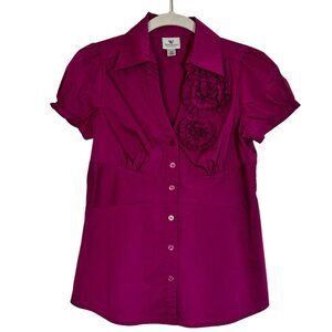 Worthington Petite Short Sleeve Button Up Floral Accent Blouse in Fuschia -Sz PS